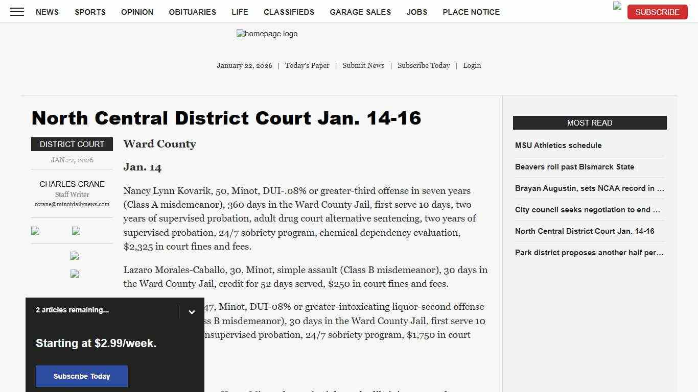 North Central District Court Jan. 14-16 News, Sports, Jobs - Minot Daily News